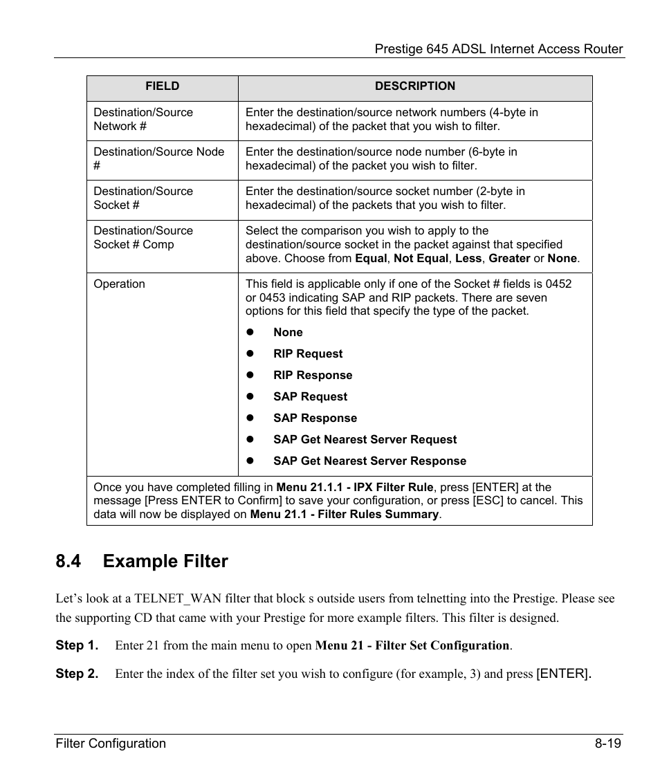 Example filter, 4 example filter | ZyXEL Communications Prestige 645R User Manual | Page 118 / 180