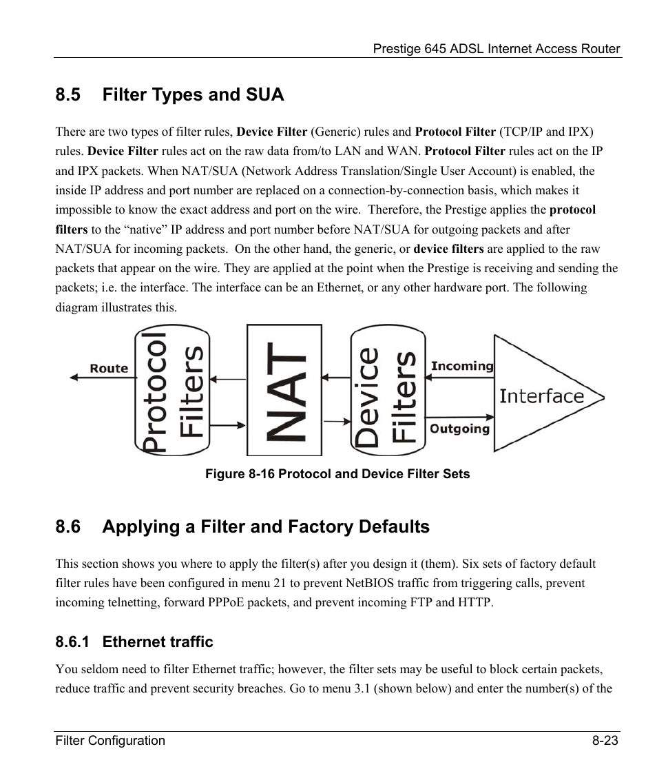 Filter types and sua, Applying a filter and factory defaults, Remote node filters | 5 filter types and sua, 6 applying a filter and factory defaults | ZyXEL Communications Prestige 645R User Manual | Page 122 / 180
