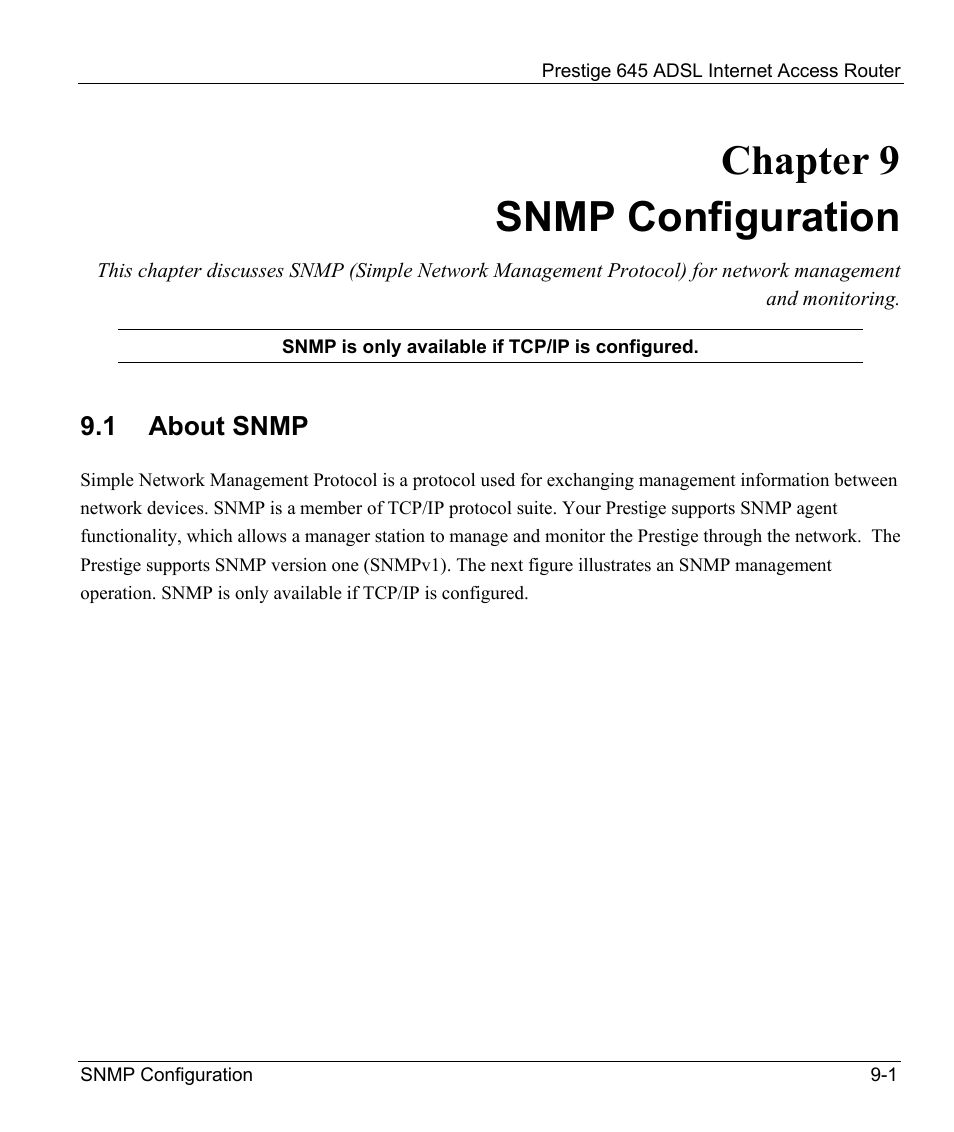 Snmp configuration, About snmp, Chapter 9 snmp configuration | ZyXEL Communications Prestige 645R User Manual | Page 126 / 180