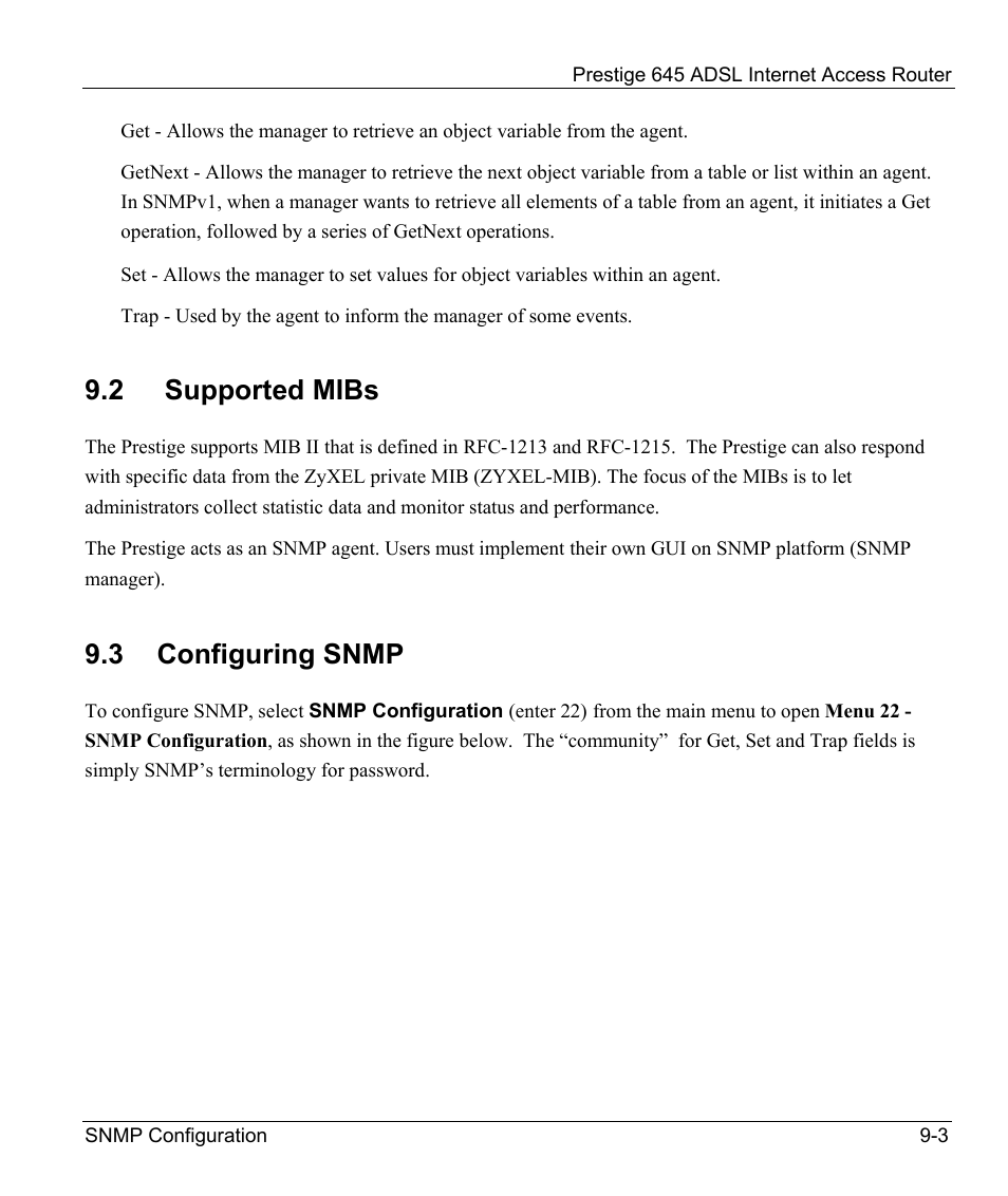 Supported mibs, Configuring snmp, 2 supported mibs | 3 configuring snmp | ZyXEL Communications Prestige 645R User Manual | Page 128 / 180