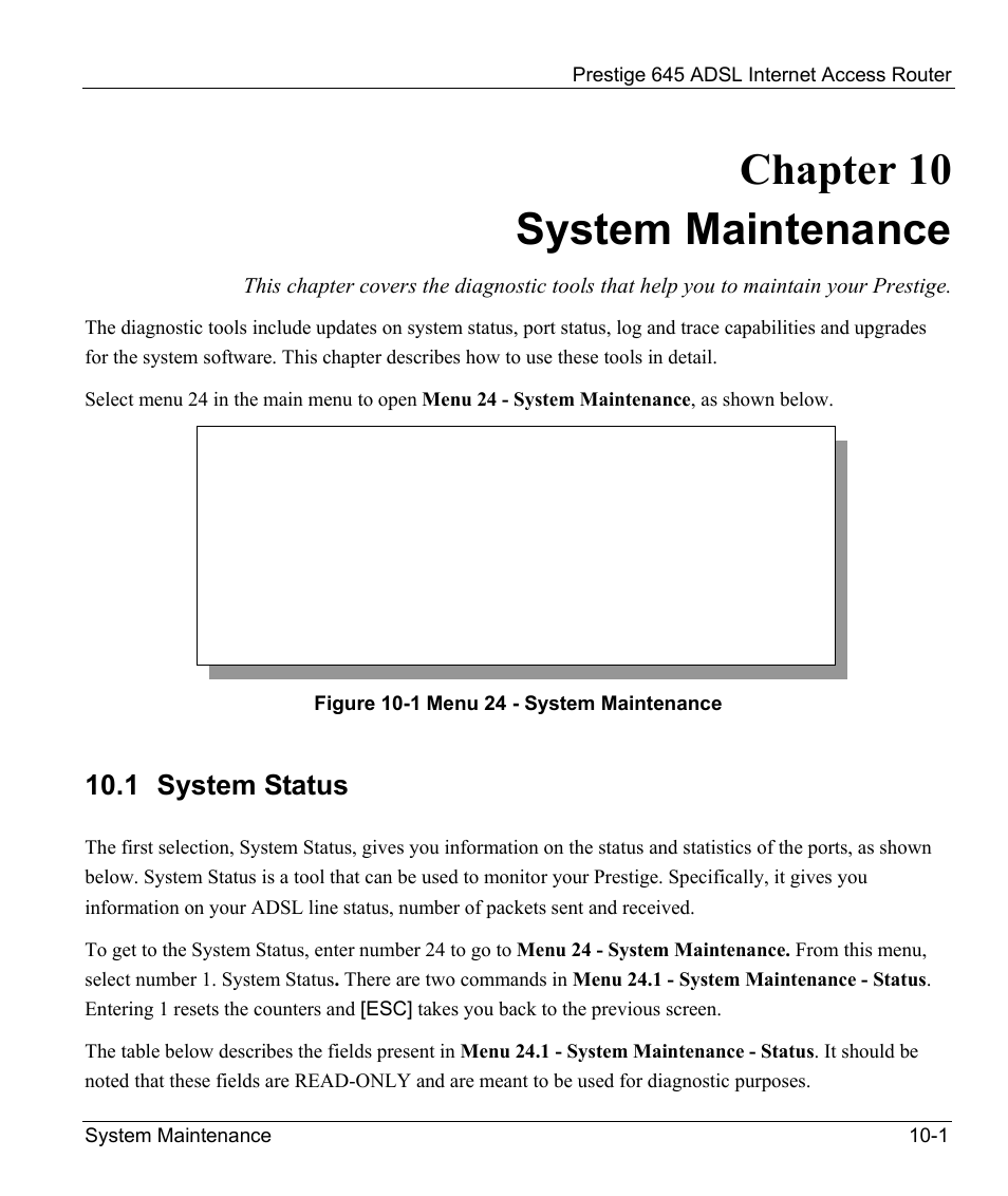 System maintenance, System status, Chapter 10 system maintenance | 1 system status | ZyXEL Communications Prestige 645R User Manual | Page 132 / 180