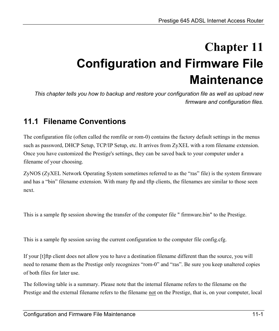 Configuration and firmware file maintenance, Filename conventions, Using the ftp command from the dos prompt | 1 filename conventions | ZyXEL Communications Prestige 645R User Manual | Page 142 / 180