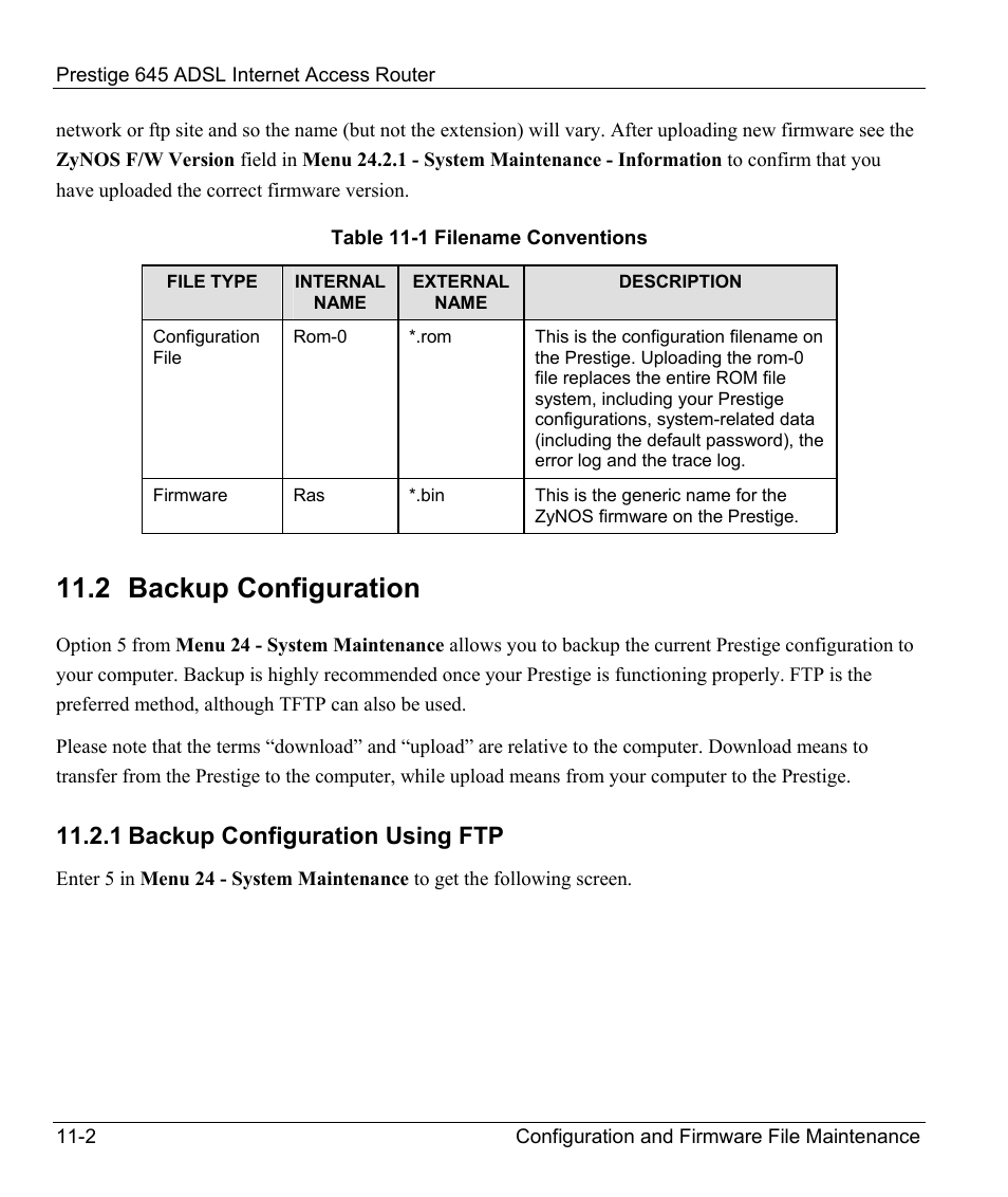 Backup configuration, Backup configuration using tftp, 2 backup configuration | 1 backup configuration using ftp | ZyXEL Communications Prestige 645R User Manual | Page 143 / 180