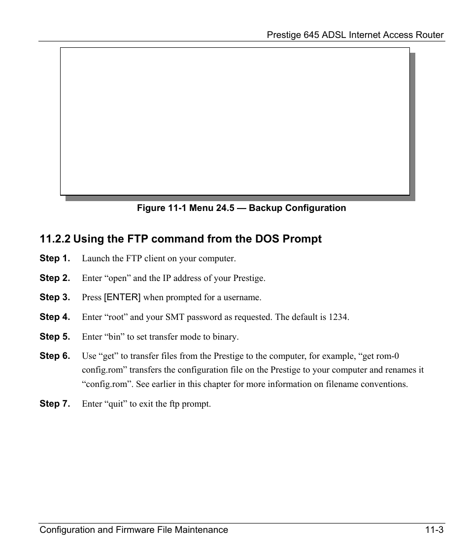 Example: tftp command, 2 using the ftp command from the dos prompt | ZyXEL Communications Prestige 645R User Manual | Page 144 / 180