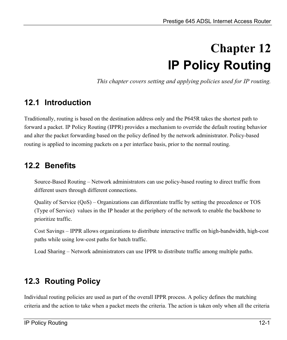 Ip policy routing, Introduction, Benefits | Routing policy, Chapter 12 ip policy routing, 1 introduction, 2 benefits, 3 routing policy | ZyXEL Communications Prestige 645R User Manual | Page 154 / 180