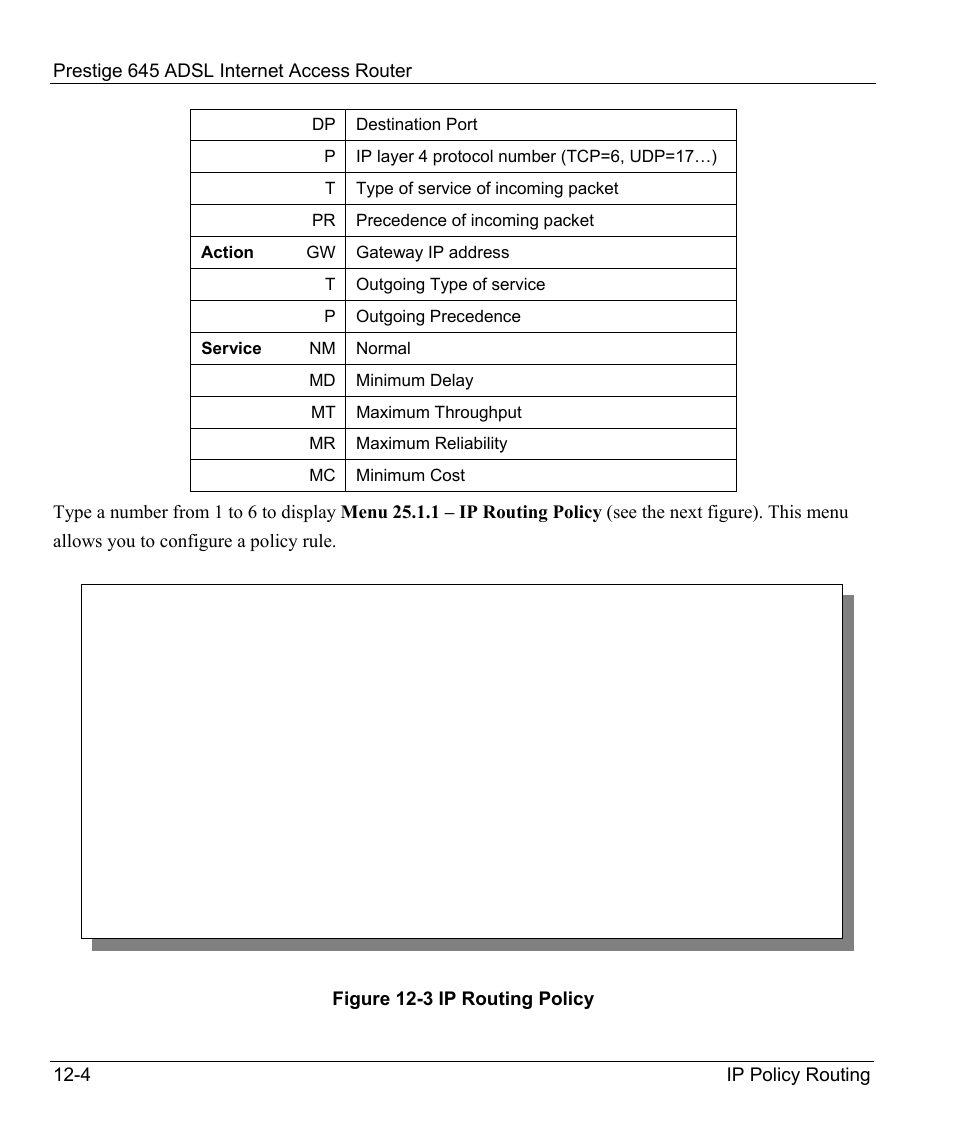 Ethernet ip policies, Figure 12-3 ip routing policy | ZyXEL Communications Prestige 645R User Manual | Page 157 / 180