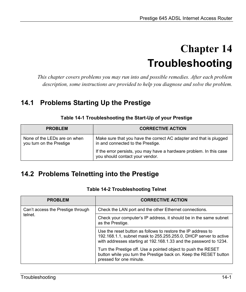 Troubleshooting, Problems starting up the prestige, Problems telnetting into the prestige | Chapter 14 troubleshooting, 1 problems starting up the prestige, 2 problems telnetting into the prestige | ZyXEL Communications Prestige 645R User Manual | Page 170 / 180