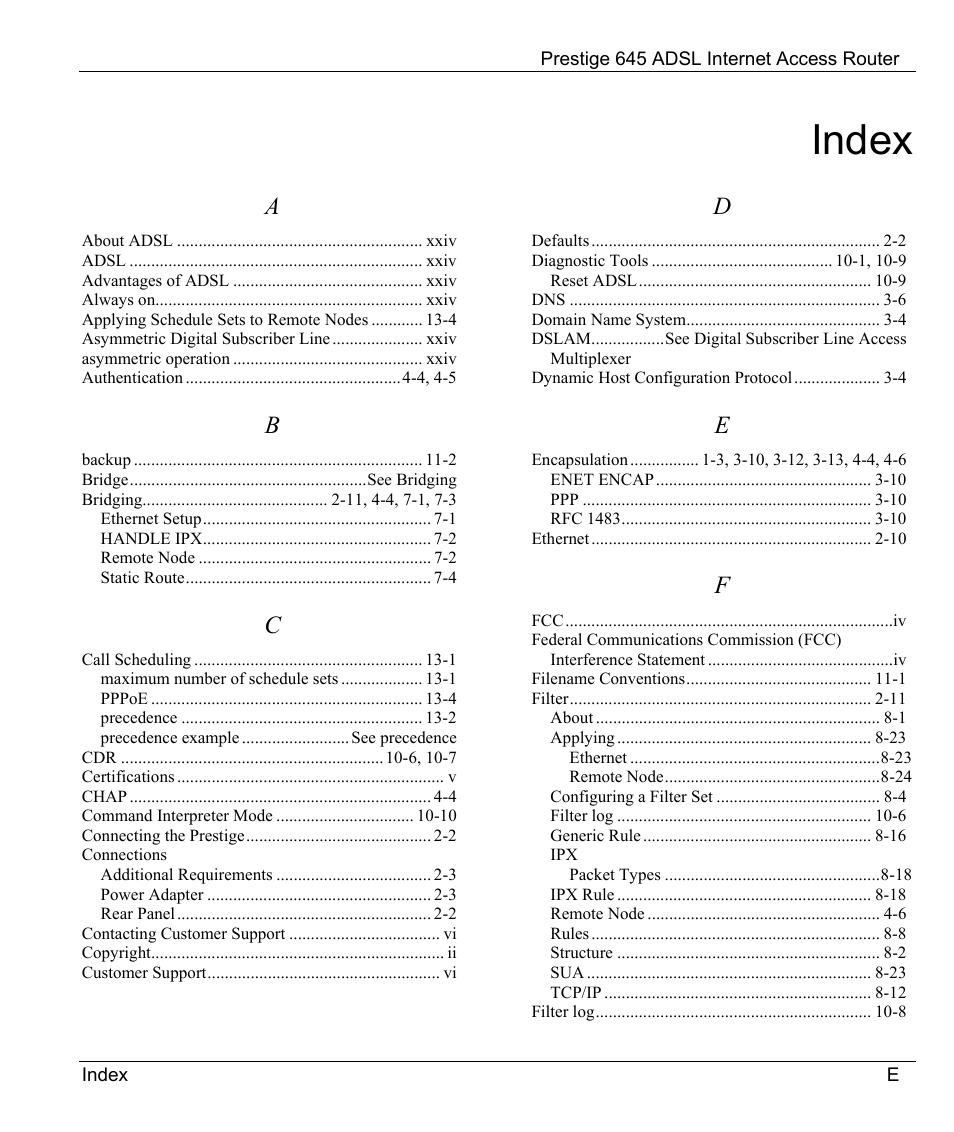 Index | ZyXEL Communications Prestige 645R User Manual | Page 176 / 180