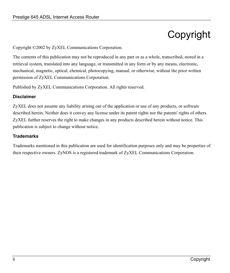 Copyright, Disclaimer, Trademarks | ZyXEL Communications Prestige 645R User Manual | Page 2 / 180