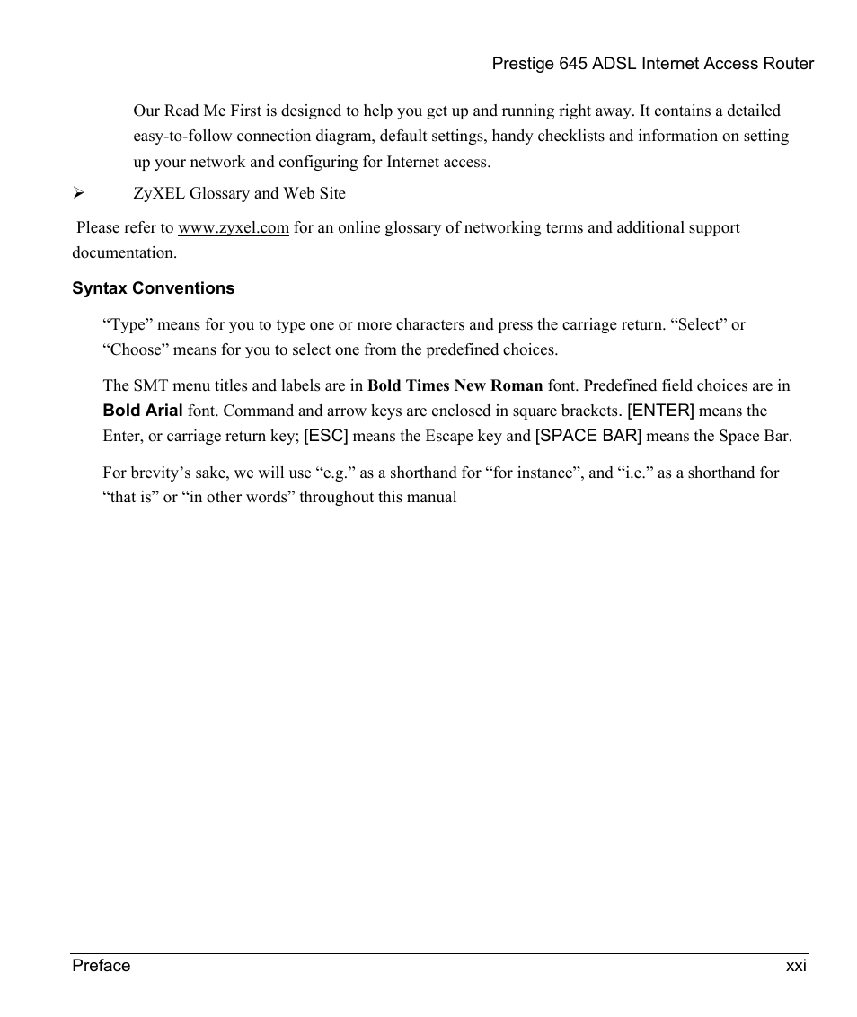 Syntax conventions | ZyXEL Communications Prestige 645R User Manual | Page 21 / 180