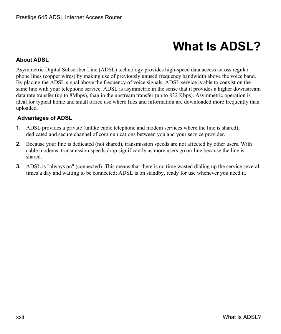 What is adsl | ZyXEL Communications Prestige 645R User Manual | Page 22 / 180