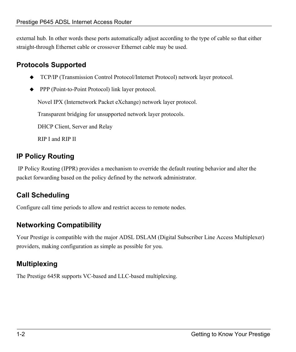 Protocols supported, Ip policy routing, Call scheduling | Networking compatibility, Multiplexing | ZyXEL Communications Prestige 645R User Manual | Page 26 / 180