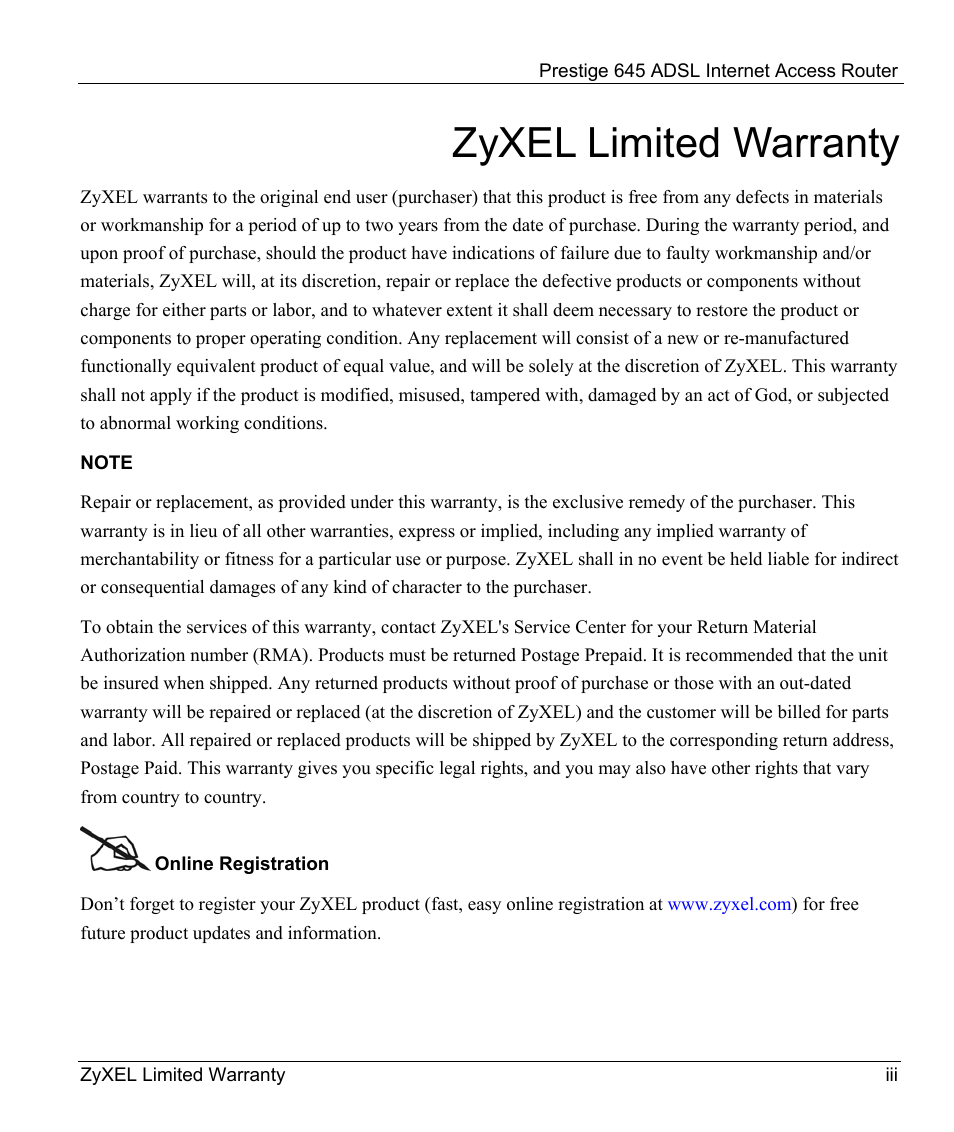 Zyxel limited warranty, Note, Online registration | ZyXEL Communications Prestige 645R User Manual | Page 3 / 180
