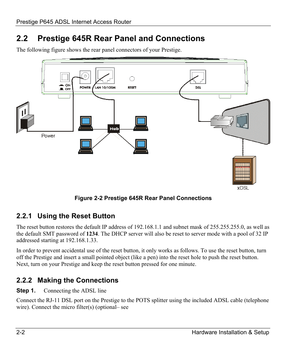 Prestige 645r rear panel and connections, Using the reset button, Making the connections | 2 prestige 645r rear panel and connections | ZyXEL Communications Prestige 645R User Manual | Page 32 / 180