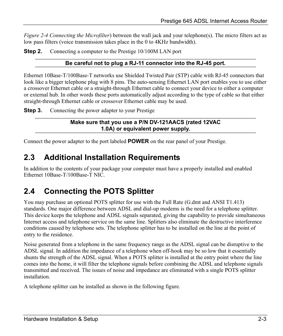 Additional installation requirements, Connecting the pots splitter, 3 additional installation requirements | 4 connecting the pots splitter | ZyXEL Communications Prestige 645R User Manual | Page 33 / 180