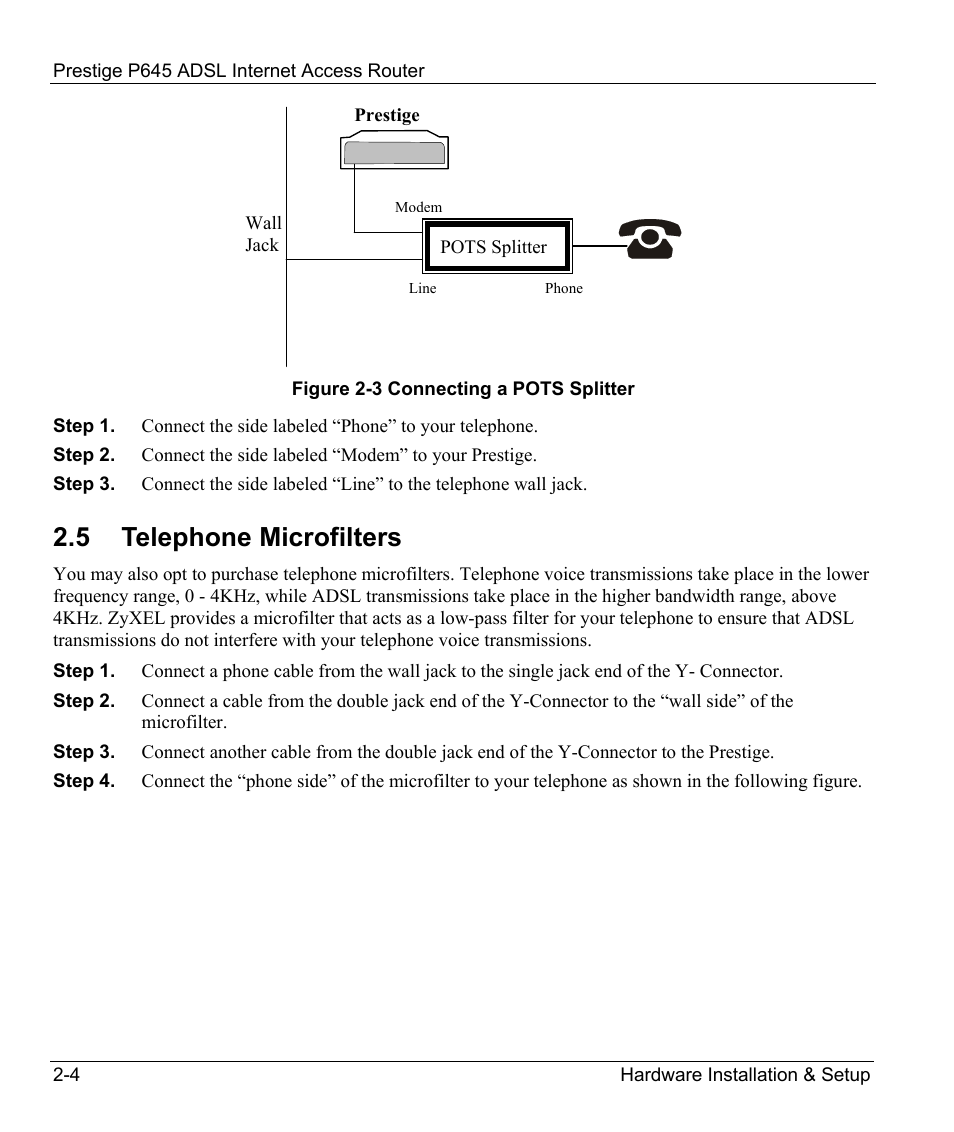 Telephone microfilters, 5 telephone microfilters | ZyXEL Communications Prestige 645R User Manual | Page 34 / 180