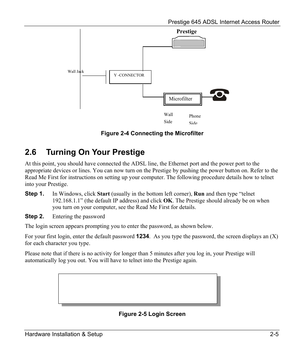 Turning on your prestige, 6 turning on your prestige | ZyXEL Communications Prestige 645R User Manual | Page 35 / 180