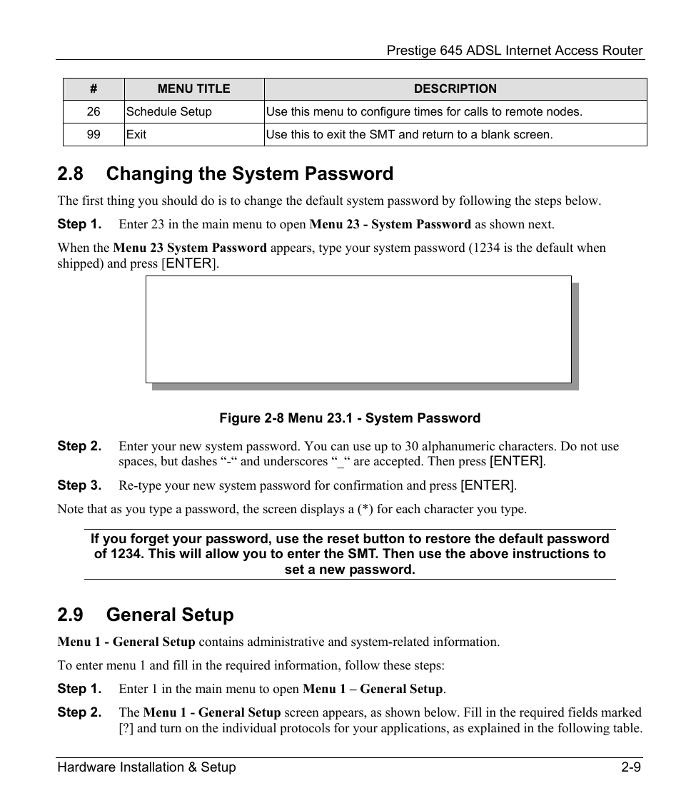 Changing the system password, General setup, 8 changing the system password | 9 general setup | ZyXEL Communications Prestige 645R User Manual | Page 39 / 180