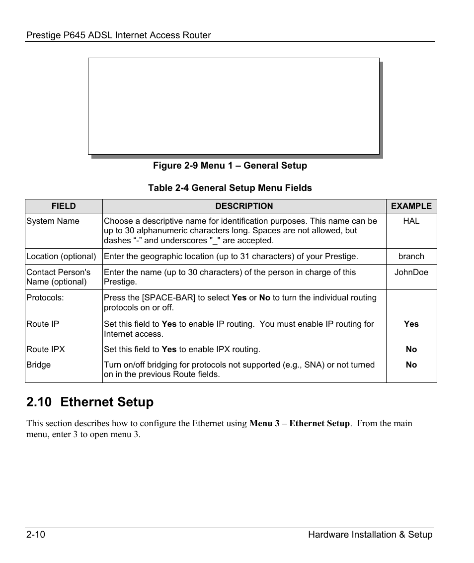 Ethernet setup, 10 ethernet setup | ZyXEL Communications Prestige 645R User Manual | Page 40 / 180