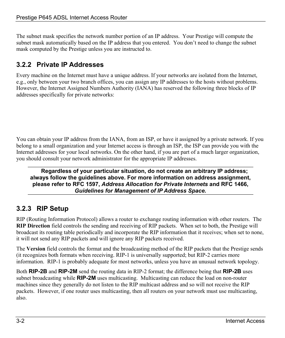 Private ip addresses, Rip setup, 2 private ip addresses | 3 rip setup | ZyXEL Communications Prestige 645R User Manual | Page 44 / 180