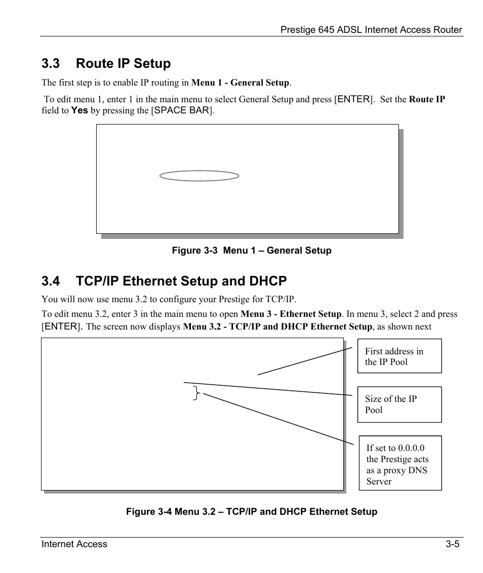 Route ip setup, Tcp/ip ethernet setup and dhcp, 3 route ip setup | 4 tcp/ip ethernet setup and dhcp | ZyXEL Communications Prestige 645R User Manual | Page 47 / 180