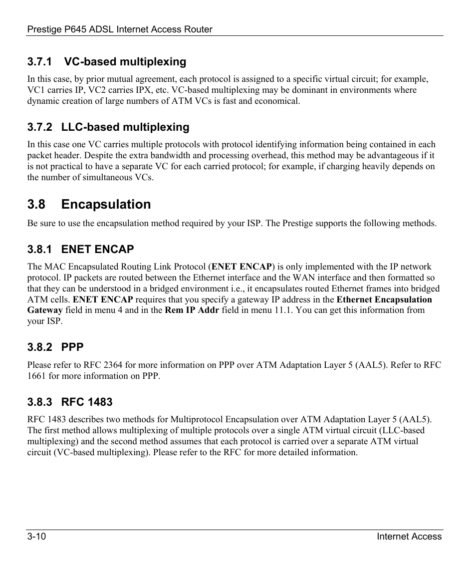 Vc-based multiplexing, Llc-based multiplexing, Encapsulation | Enet encap, Rfc 1483, 8 encapsulation | ZyXEL Communications Prestige 645R User Manual | Page 52 / 180