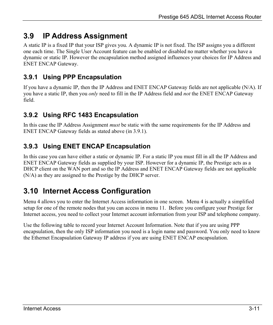 Ip address assignment, Using ppp encapsulation, Using rfc 1483 encapsulation | Using enet encap encapsulation, Internet access configuration, 9 ip address assignment, 10 internet access configuration | ZyXEL Communications Prestige 645R User Manual | Page 53 / 180