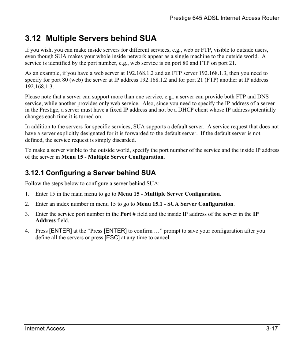Multiple servers behind sua, Configuring a server behind sua, 12 multiple servers behind sua | ZyXEL Communications Prestige 645R User Manual | Page 59 / 180