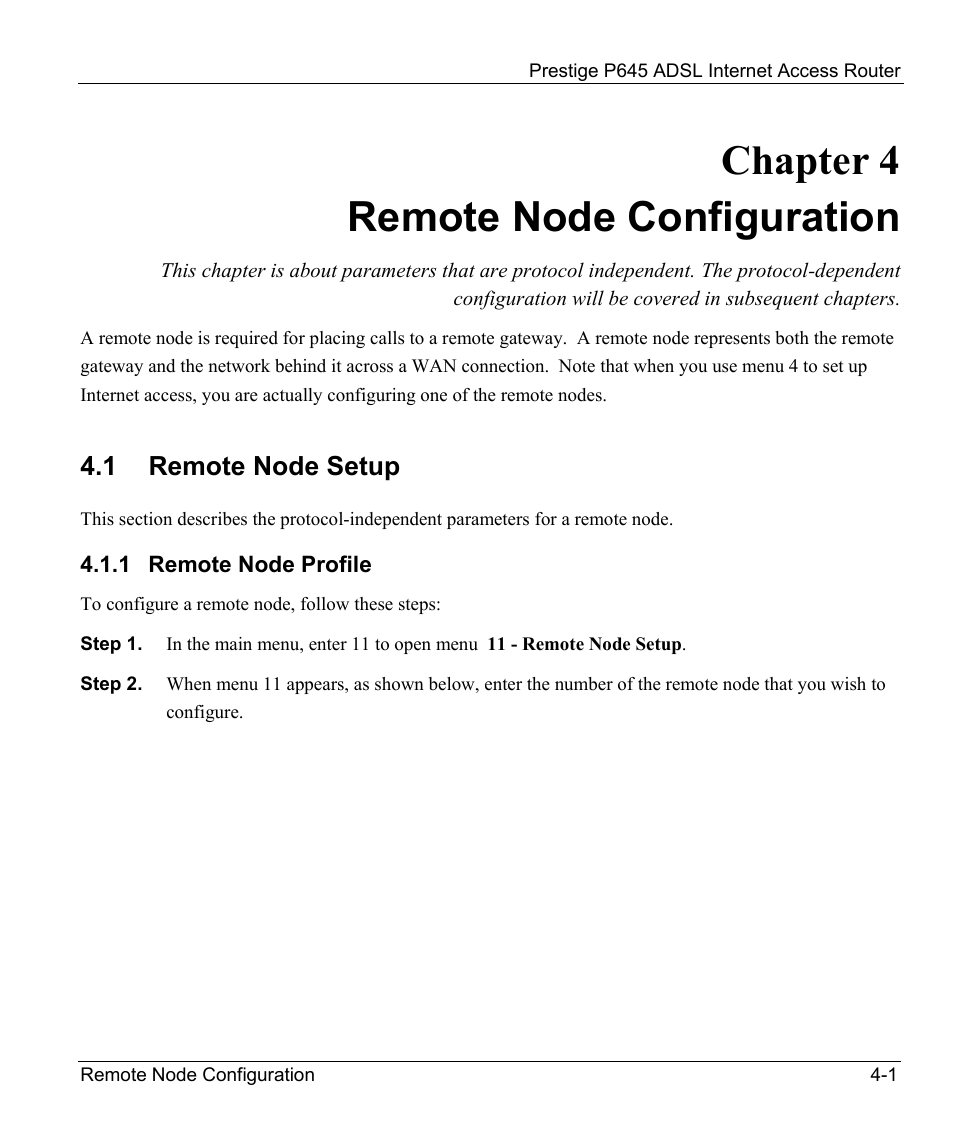 Remote node configuration, Remote node setup, Remote node profile | Chapter 4 remote node configuration, 1 remote node setup | ZyXEL Communications Prestige 645R User Manual | Page 63 / 180
