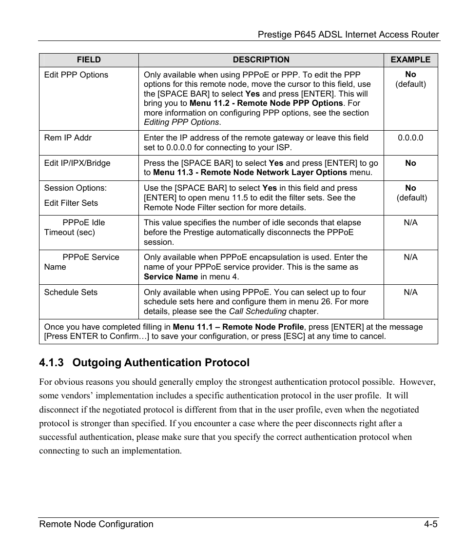Outgoing authentication protocol, 3 outgoing authentication protocol | ZyXEL Communications Prestige 645R User Manual | Page 67 / 180