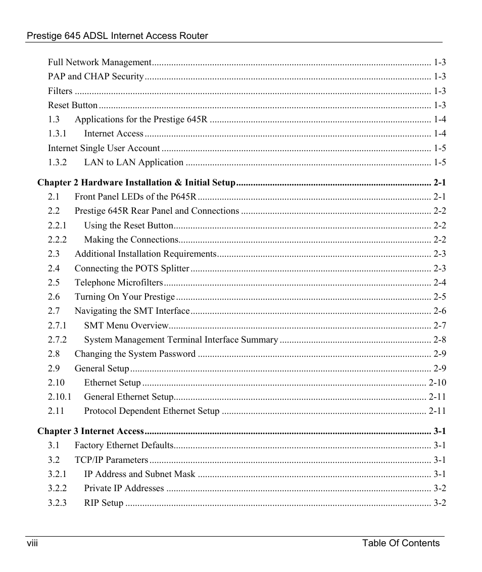 ZyXEL Communications Prestige 645R User Manual | Page 8 / 180