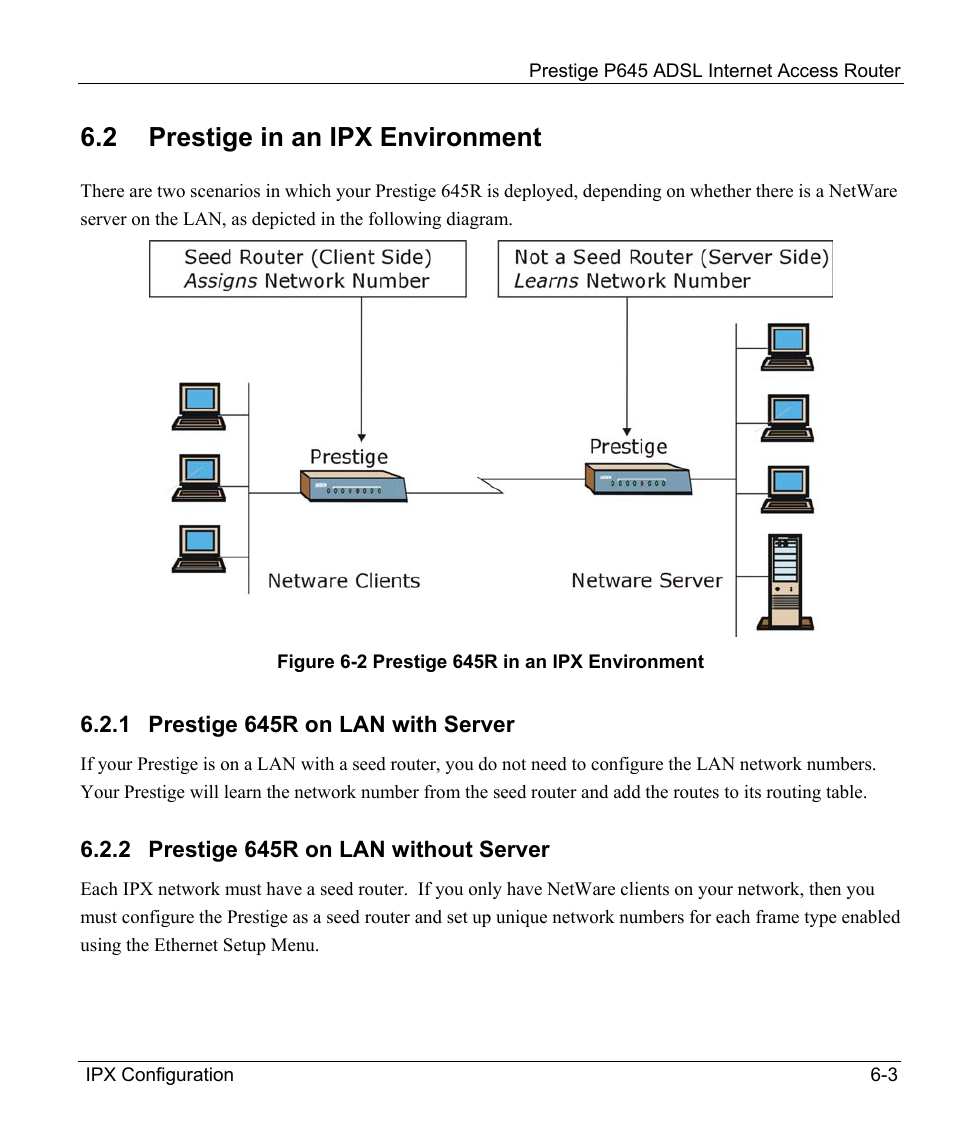 Prestige in an ipx environment, Prestige 645r on lan with server, Prestige 645r on lan without server | 2 prestige in an ipx environment | ZyXEL Communications Prestige 645R User Manual | Page 85 / 180