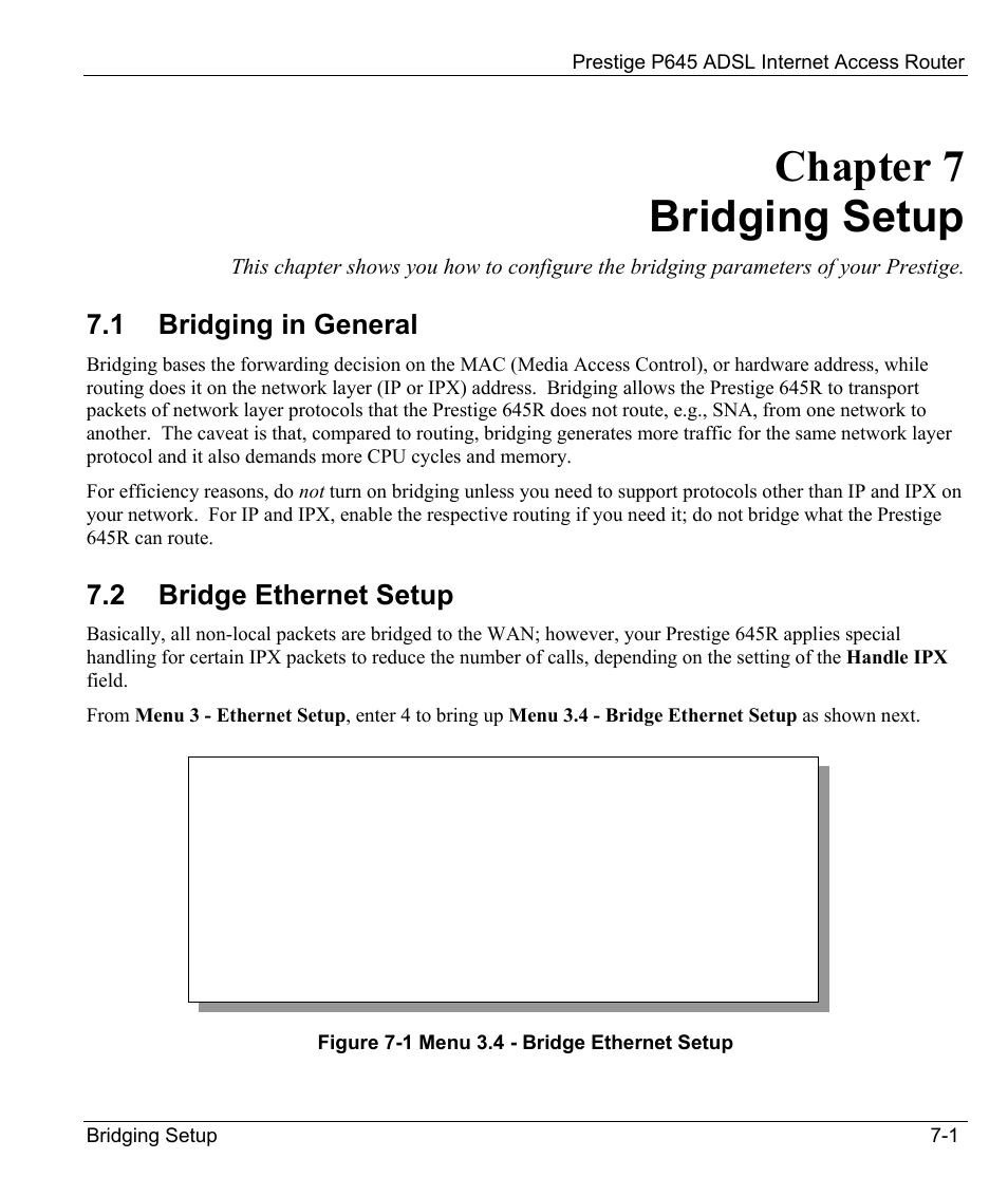 Bridging setup, Bridging in general, Bridge ethernet setup | Chapter 7 bridging setup, 1 bridging in general, 2 bridge ethernet setup | ZyXEL Communications Prestige 645R User Manual | Page 93 / 180