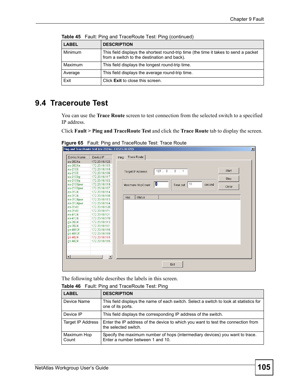 4 traceroute test, Table 46 fault: ping and traceroute test: ping | ZyXEL Communications Version 1.03 User Manual | Page 105 / 242