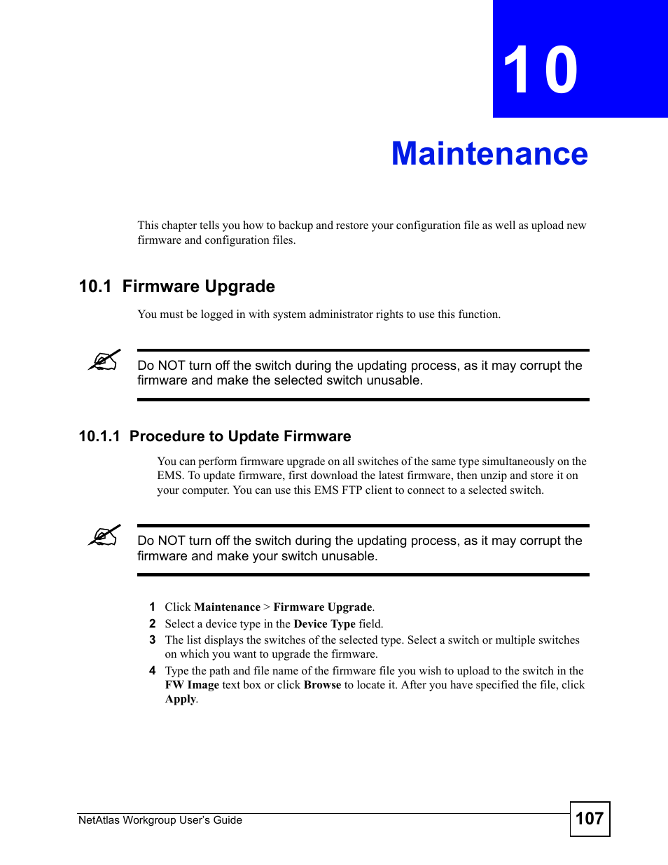 Maintenance, 1 firmware upgrade, 1 procedure to update firmware | Chapter 10 maintenance, Maintenance (107) | ZyXEL Communications Version 1.03 User Manual | Page 107 / 242