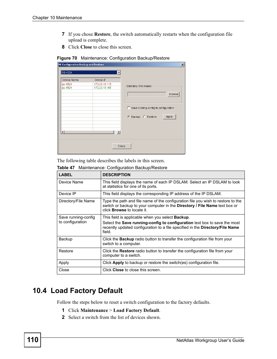 4 load factory default, Table 47 maintenance: configuration backup/restore | ZyXEL Communications Version 1.03 User Manual | Page 110 / 242