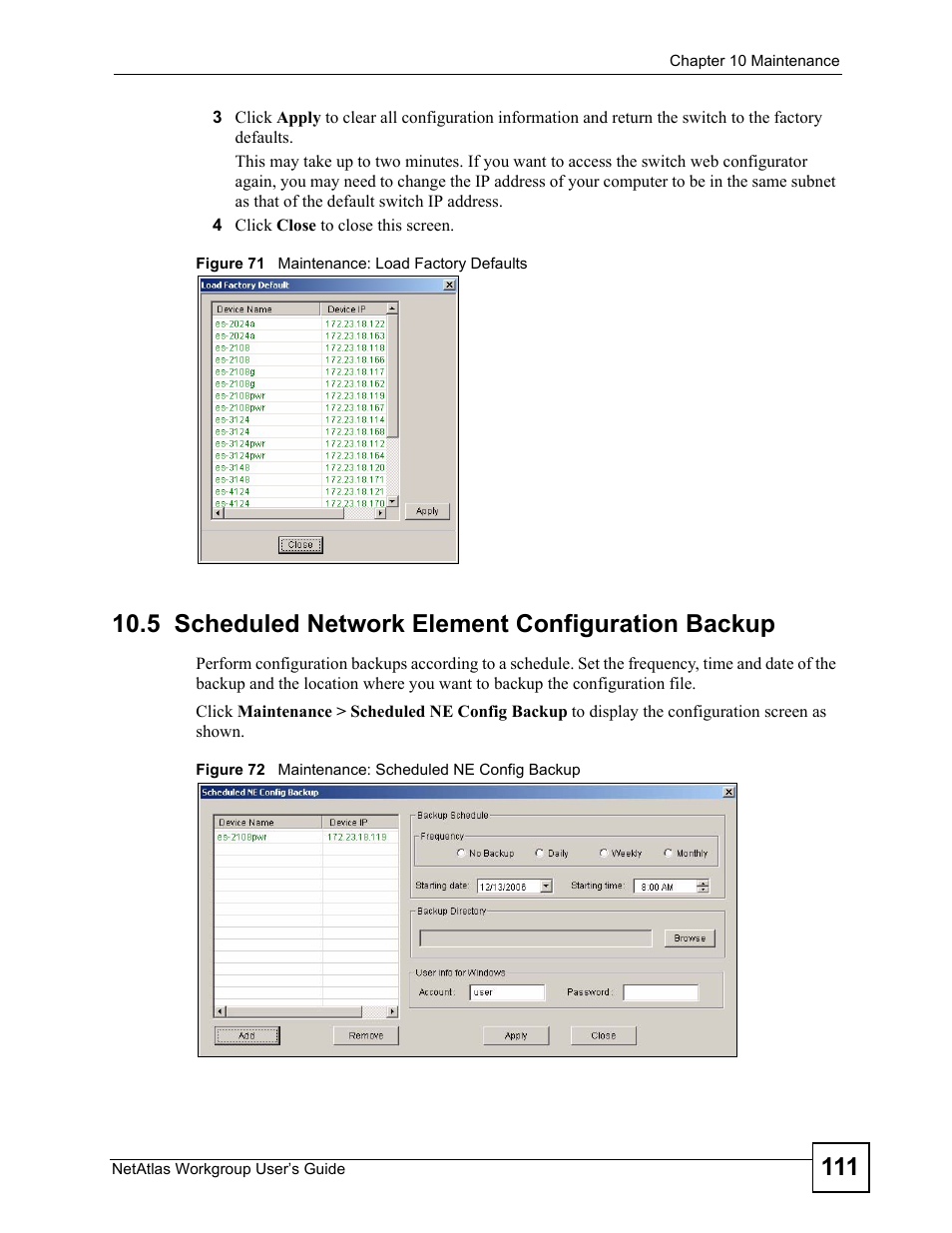 5 scheduled network element configuration backup | ZyXEL Communications Version 1.03 User Manual | Page 111 / 242