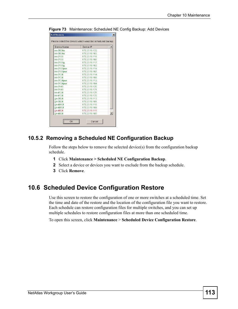2 removing a scheduled ne configuration backup, 6 scheduled device configuration restore | ZyXEL Communications Version 1.03 User Manual | Page 113 / 242