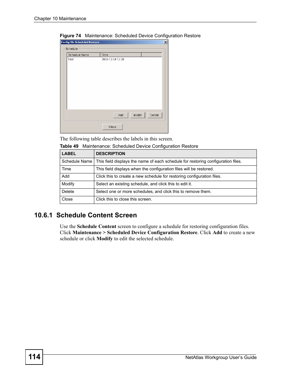 1 schedule content screen | ZyXEL Communications Version 1.03 User Manual | Page 114 / 242