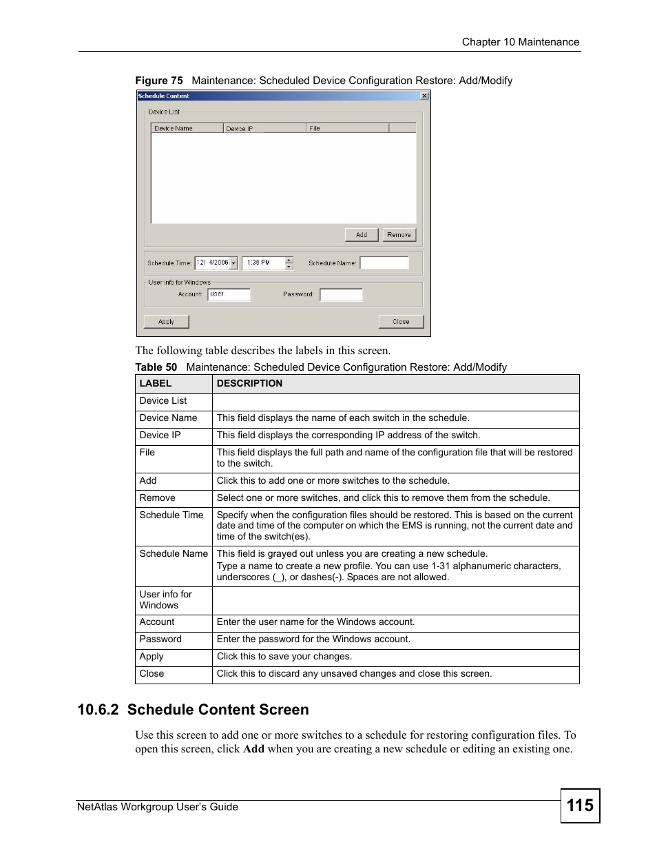 2 schedule content screen | ZyXEL Communications Version 1.03 User Manual | Page 115 / 242