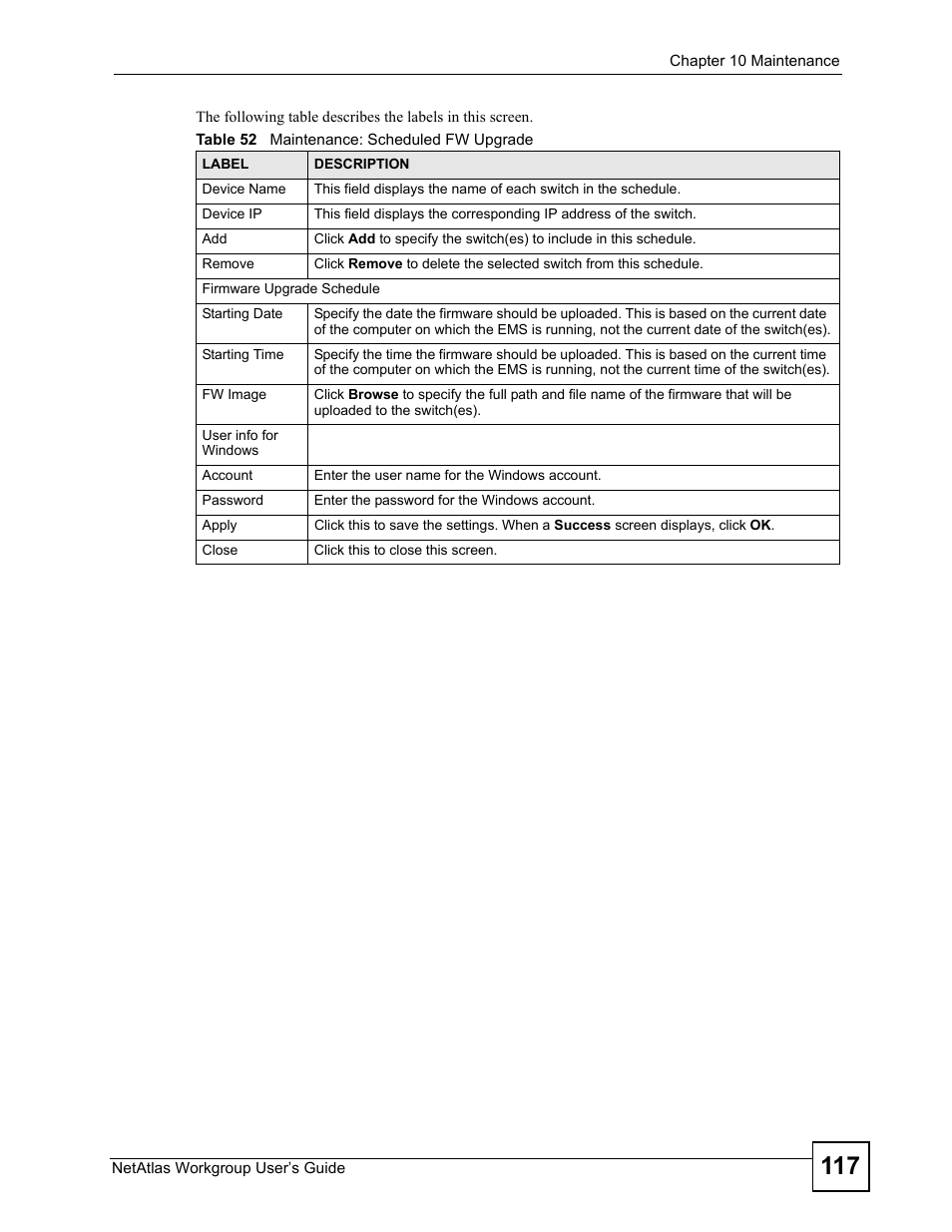 Table 52 maintenance: scheduled fw upgrade | ZyXEL Communications Version 1.03 User Manual | Page 117 / 242
