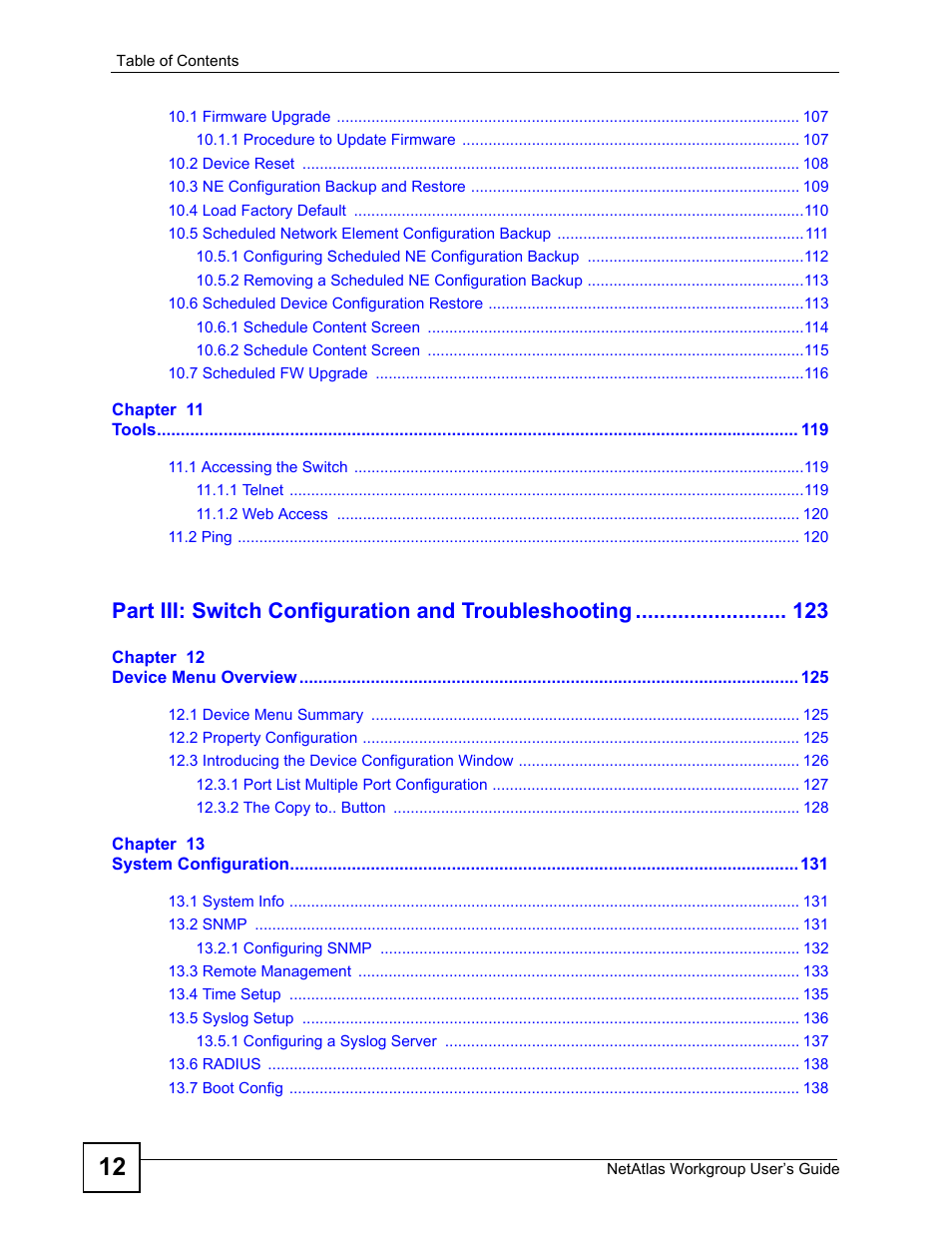 Part iii: switch configuration and troubleshooting | ZyXEL Communications Version 1.03 User Manual | Page 12 / 242