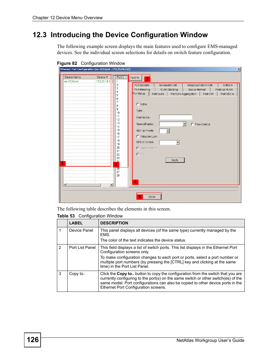 3 introducing the device configuration window, Figure 82 configuration window, Table 53 configuration window | ZyXEL Communications Version 1.03 User Manual | Page 126 / 242