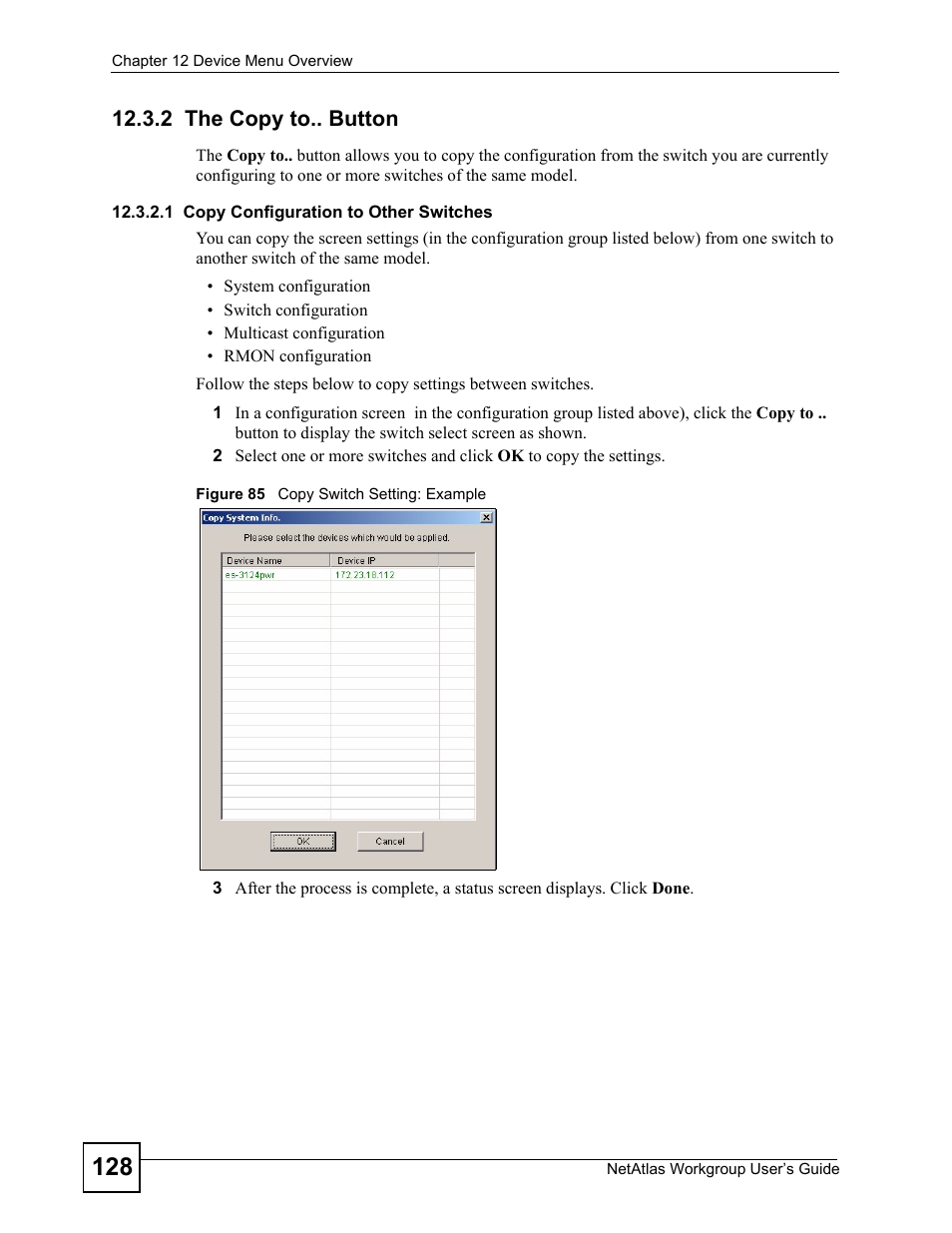2 the copy to.. button, Figure 85 copy switch setting: example | ZyXEL Communications Version 1.03 User Manual | Page 128 / 242