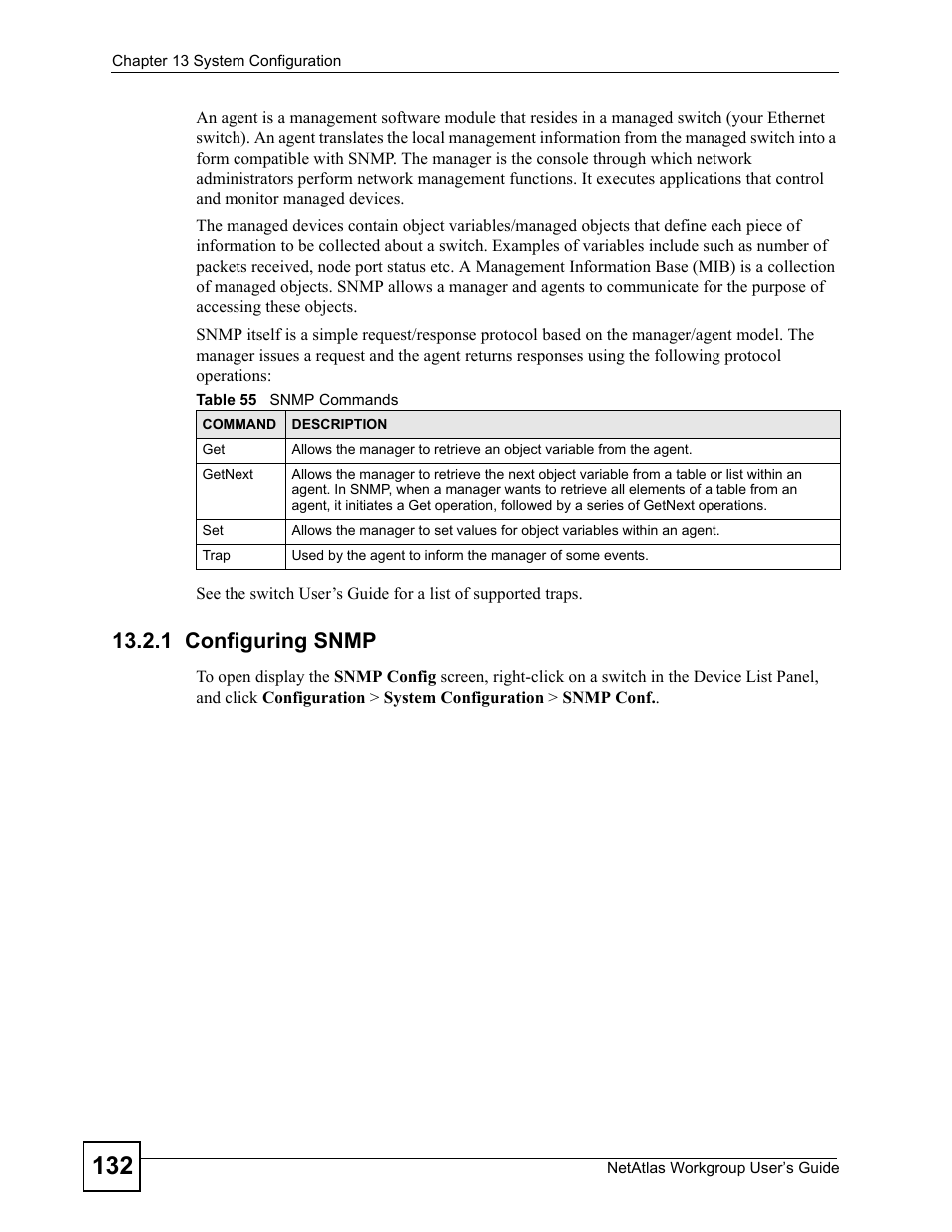 1 configuring snmp, Table 55 snmp commands | ZyXEL Communications Version 1.03 User Manual | Page 132 / 242