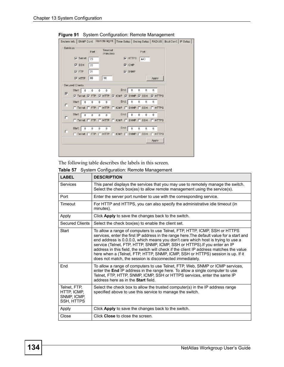 Figure 91 system configuration: remote management, Table 57 system configuration: remote management | ZyXEL Communications Version 1.03 User Manual | Page 134 / 242