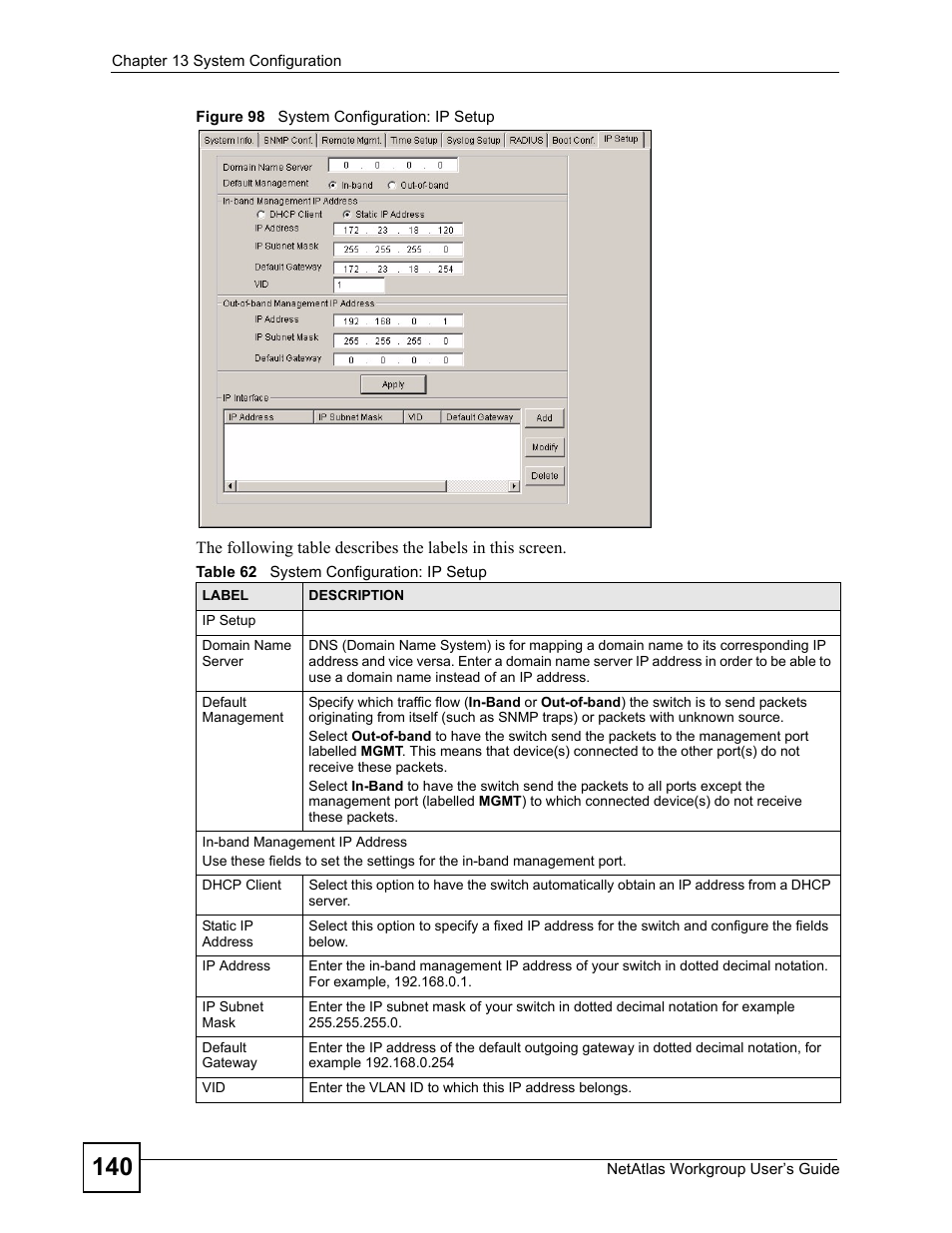Figure 98 system configuration: ip setup, Table 62 system configuration: ip setup | ZyXEL Communications Version 1.03 User Manual | Page 140 / 242