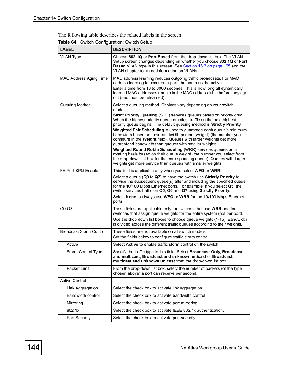 Table 64 switch configuration: switch setup | ZyXEL Communications Version 1.03 User Manual | Page 144 / 242