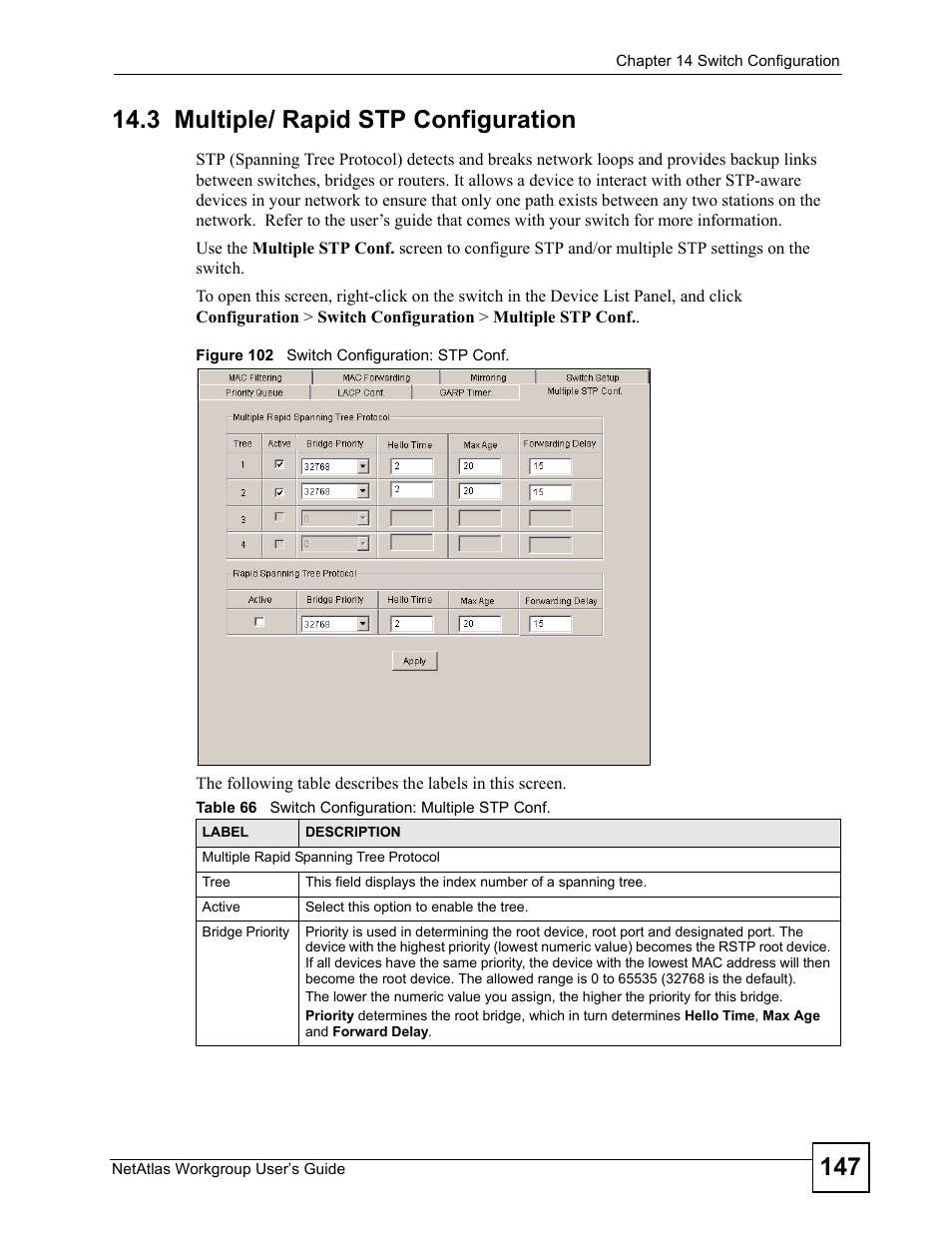 3 multiple/ rapid stp configuration, Figure 102 switch configuration: stp conf, Table 66 switch configuration: multiple stp conf | ZyXEL Communications Version 1.03 User Manual | Page 147 / 242
