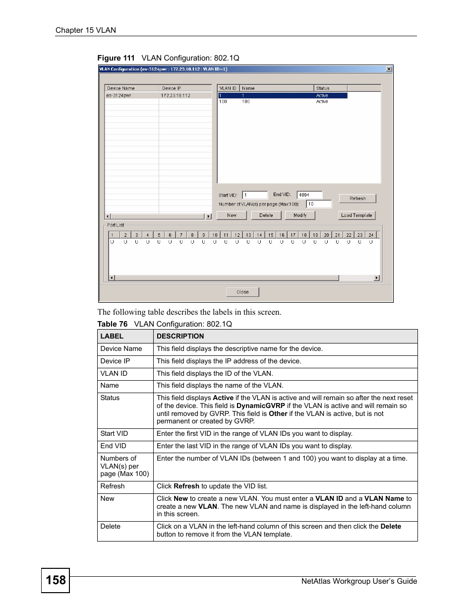 Figure 111 vlan configuration: 802.1q, Table 76 vlan configuration: 802.1q | ZyXEL Communications Version 1.03 User Manual | Page 158 / 242